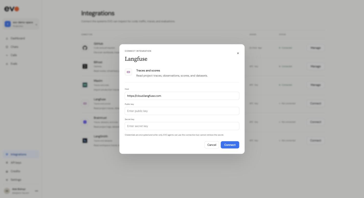 The Connect integration dialog for Langfuse, with fields for Host, Public key, and Secret key, and a note that credentials are encrypted and write-only.