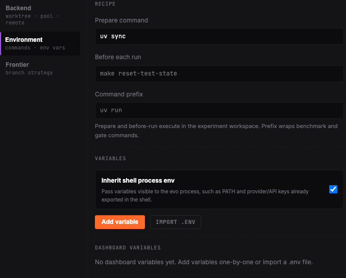 Dashboard Settings modal with the Environment section selected, showing prepare, before-run, command prefix, and variable controls.