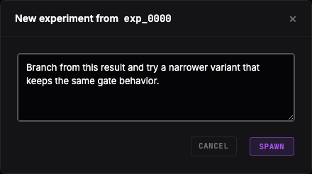 Dashboard spawn modal for a new experiment from exp_0000, with a directive text area and Spawn button.