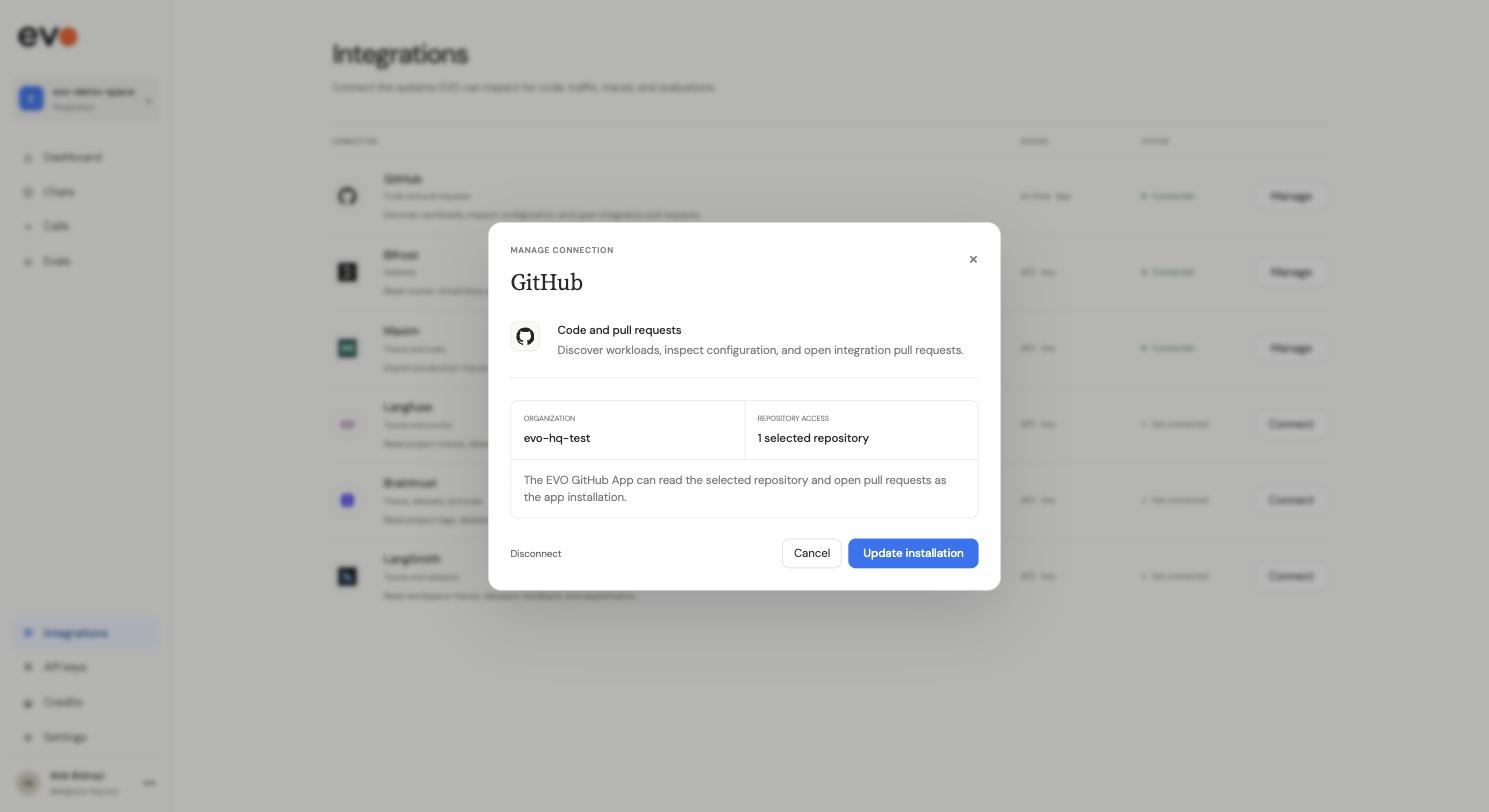 The GitHub connection dialog showing the organization, repository access scoped to one selected repository, and a note that the app can read the repo and open pull requests.
